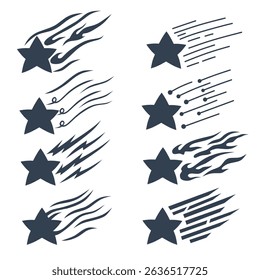 falling star icon with various styles.vector set of falling stars isolated on white background
