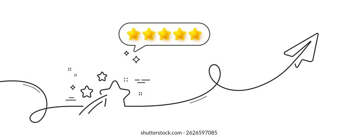 Falling star line icon. Continuous line with share plane. Night sign. Firework symbol. Five star rate review in speech bubble. Falling star single line ribbon. Loop curve pattern. Vector