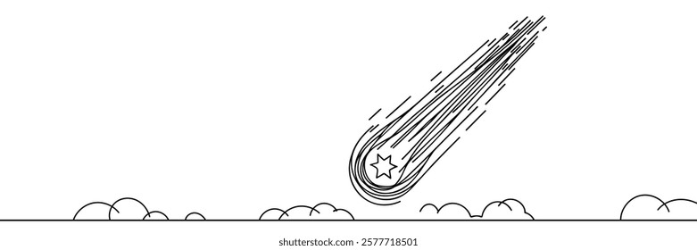 Falling star linear background. Hand drawn comet. Vector illustration.