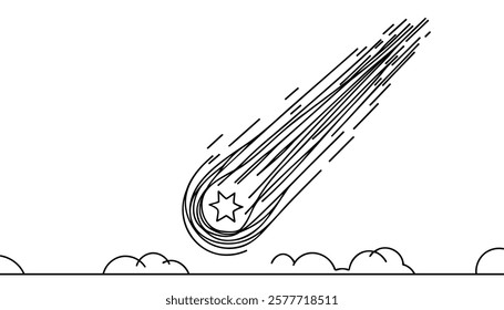 Falling star linear background. Hand drawn comet. Vector illustration.