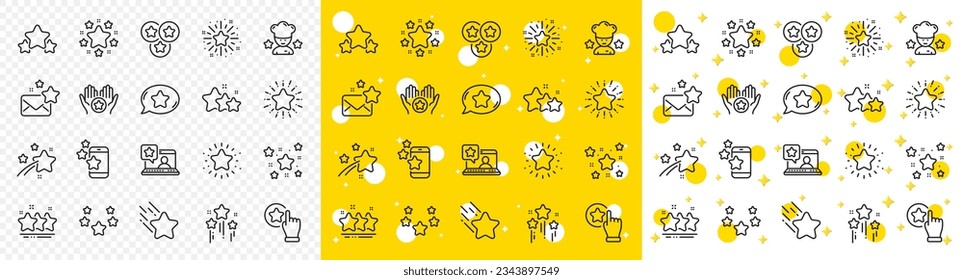 Falling star, Night, Glitter burst. Stars line icons. Firework, twinkle stars, Chef award line icons. Favorite bookmark, premium star, ranking rate. Sparkle geometry shape. Vector