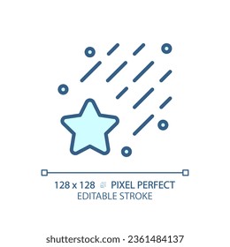 Falling star pixel perfect light blue icon. Meteor shower. Make a wish. Night sky. Celestial body. RGB color sign. Simple design. Web symbol. Contour line. Flat illustration. Isolated object