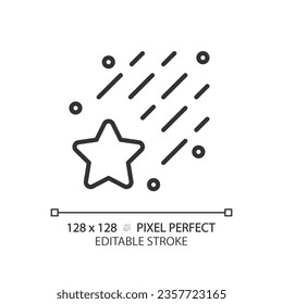 Falling star pixel perfect linear icon. Meteor shower. Make a wish. Night sky. Celestial body. Space debris. Thin line illustration. Contour symbol. Vector outline drawing. Editable stroke