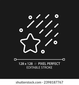 Falling star pixel perfect white linear icon for dark theme. Meteor shower. Make a wish. Night sky. Celestial body. Thin line illustration. Isolated symbol for night mode. Editable stroke