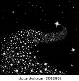 Falling star, shooting star with twinkling star trail on black background, vector