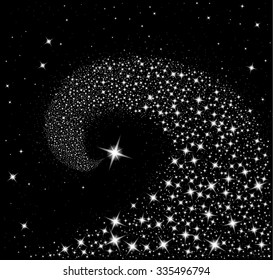 Falling star, shooting star with twinkling star trail on black background, vector