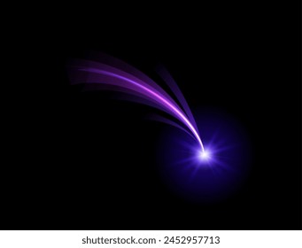 Estrella en caída. Imagen de Vector de una estrella fugaz con un resplandor púrpura brillante y una cola arqueada. Destello brillante de una estrella o cometa sobre un fondo negro aislado.