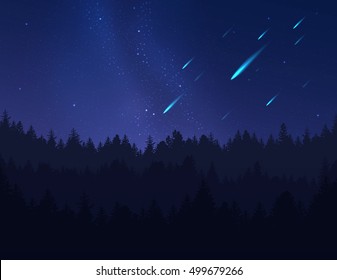 Falling Stars, asteroids or meteors in night sky over forest. Vector illustration.