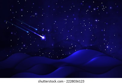 Fondo de estrellas en caída, paisaje de estrellas en fusilamiento con cielo estrellado azul oscuro, paisaje de dunas en la noche de Navidad por el nacimiento de Jesucristo. Ilustración vectorial para banner, folleto, plantilla