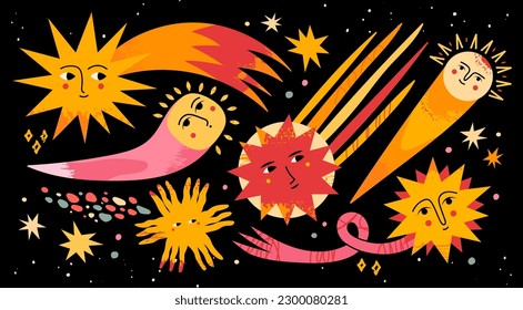 Estrellas caídas, cometa, luces de disparo, sol, asteroides. Conjunto de espacios. Objetos de estilo caricatura con caras. Elementos aislados, plantillas de diseño. Ilustración del vector dibujado a mano