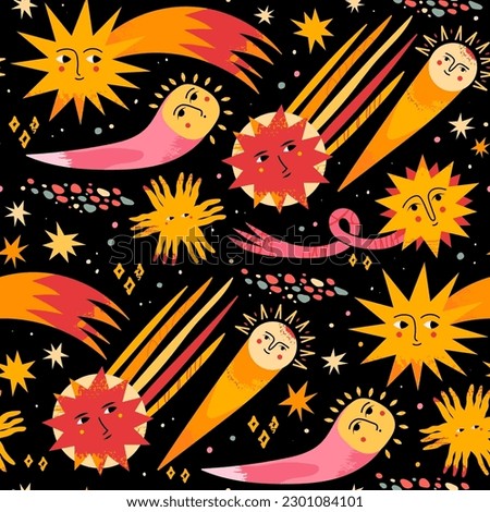 Falling stars, Comet, Shooting lights, sun, asteroids. Space Set. Cartoon style objects with faces. Hand drawn Vector illustration. Square seamless Pattern, background, wallpaper