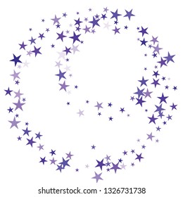 Falling stars confetti background, isolated on white. Vector colorful deep purple design. Square card and frame. Minimalistic template for holiday, party, birthday, wedding, solemnity invitation.