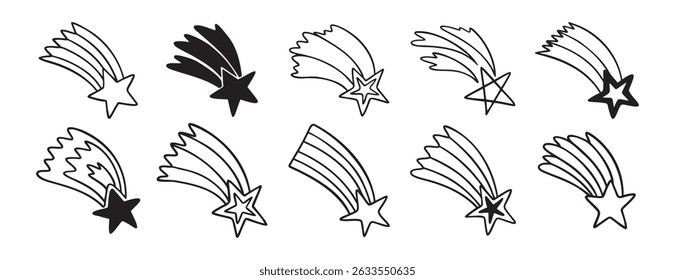 falling stars doodle hand drawn icon set. Outline drawing making a wish falling star line clipart symbol collection. Vector illustration