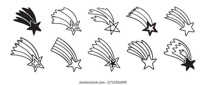 Estrellas caídas doodle dibujado a mano conjunto de iconos. Dibujo de contorno que hace una colección de símbolo de Clipart de línea de estrella descendente de deseo. Ilustración vectorial