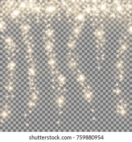 Falling stars effect, sparkling stardust on transparent background, light effect, golden color