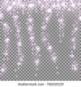 Falling stars effect, sparkling stardust on transparent background, light effect, purple color