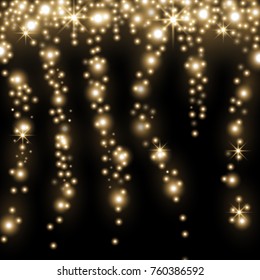 Falling stars effect, sparkling stardust on black background, light effect, golden color