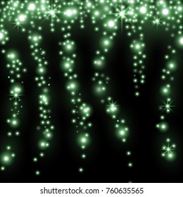 Falling stars effect, sparkling stardust on black background, light effect, green color