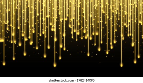 Falling stars, glitter rain, golden star dust, bright yellow sparkles isolated on a dark background. Christmas decoration, abstract falling shiny particles, isolated vector light effect. Luxury decor.