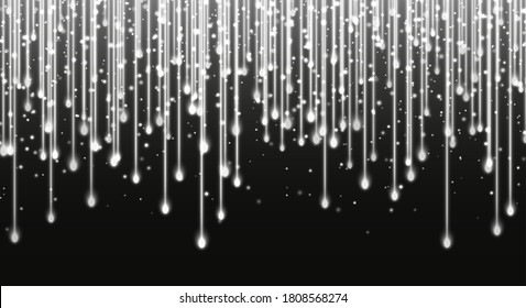 Falling stars, glitter rain, silver star dust, bright white sparkles isolated on a dark background. Christmas decoration, abstract falling shiny particles, isolated vector light effect. Luxury decor.