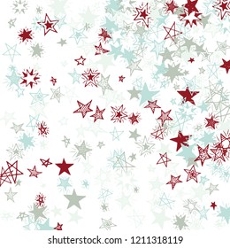Falling Stars. Hand Drawn Christmas Background with Doodle Stars for Placard, Poster, Banner. Bright Starry Pattern with Simple Childish Elements. Trendy Vector Background for Party Decoration.