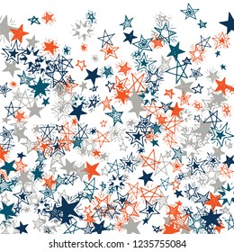 Falling Stars. Hand Drawn Christmas Background with Doodle Stars for Print, Cover, Brochure. Bright Starry Pattern with Simple Childish Elements. Pretty Vector Background for Party Decoration.