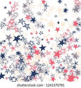 Falling Stars. Hand Drawn Christmas Background with Doodle Stars for Print, Cover, Brochure. Bright Starry Pattern with Simple Childish Elements. Pretty Vector Background for Party Decoration.