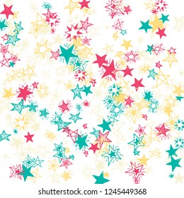 Falling Stars. Hand Drawn Christmas Background with Doodle Stars for Print, Card, Brochure. Bright Starry Pattern with Simple Childish Elements. Cute Vector Background for Party Decoration.