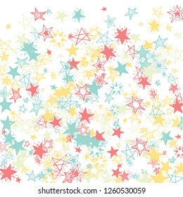 Falling Stars. Hand Drawn Christmas Background with Doodle Stars for Print, Card, Brochure. Bright Starry Pattern with Simple Childish Elements. Pretty Vector Background for Party Decoration.