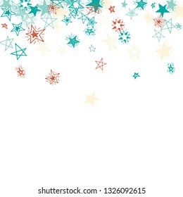 Falling Stars. Hand Drawn Christmas Background with Doodle Stars for Card, Poster, Banner. Bright Starry Pattern with Simple Childish Elements. Cute Vector Background for Party Decoration.