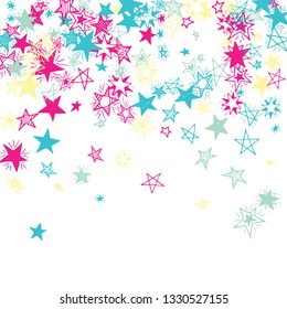 Falling Stars. Hand Drawn Christmas Background with Doodle Stars for Card, Poster, Banner. Bright Starry Pattern with Simple Childish Elements. Modern Vector Background for Party Decoration.