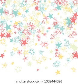 Falling Stars. Hand Drawn Christmas Background with Doodle Stars for Placard, Cover, Banner. Bright Starry Pattern with Simple Childish Elements. Pretty Vector Background for Party Decoration.