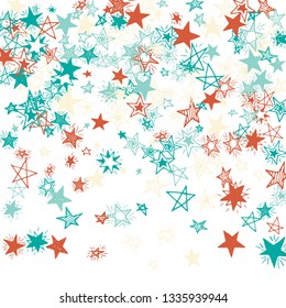 Falling Stars. Hand Drawn Christmas Background with Doodle Stars for Print, Card, Poster. Bright Starry Pattern with Simple Childish Elements. Pretty Vector Background for Party Decoration.