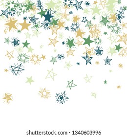 Falling Stars. Hand Drawn Christmas Background with Doodle Stars for Placard, Cover, Banner. Bright Starry Pattern with Simple Childish Elements. Pretty Vector Background for Party Decoration.