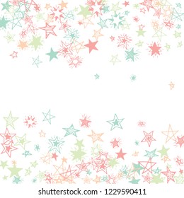 Falling Stars. Hand Drawn Festive Background with Doodle Stars for Placard, Poster, Banner. Bright Starry Pattern with Simple Childish Elements. Pretty Vector Background for Party Decoration.