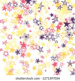 Falling Stars. Hand Drawn Festive Background with Doodle Stars for Print, Card, Poster. Bright Starry Pattern with Simple Childish Elements. Funny Vector Background for Party Decoration.