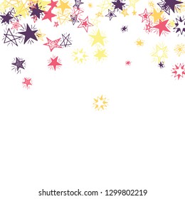 Falling Stars. Hand Drawn Festive Background with Doodle Stars for Placard, Cover, Banner. Bright Starry Pattern with Simple Childish Elements. Pretty Vector Background for Party Decoration.