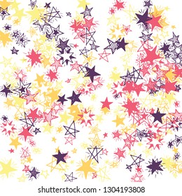Falling Stars. Hand Drawn Festive Background with Doodle Stars for Card, Poster, Banner. Bright Starry Pattern with Simple Childish Elements. Pretty Vector Background for Party Decoration.