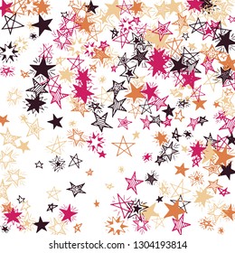 Falling Stars. Hand Drawn Festive Background with Doodle Stars for Print, Cover, Brochure. Bright Starry Pattern with Simple Childish Elements. Trendy Vector Background for Party Decoration.