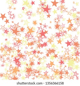 Falling Stars. Hand Drawn Festive Background with Doodle Stars for Placard, Poster, Banner. Bright Starry Pattern with Simple Childish Elements. Pretty Vector Background for Party Decoration.