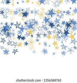 Falling Stars. Hand Drawn Festive Background with Doodle Stars for Placard, Cover, Brochure. Bright Starry Pattern with Simple Childish Elements. Cute Vector Background for Party Decoration.