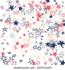 Falling Stars. Hand Drawn Festive Background with Doodle Stars for Placard, Cover, Brochure. Bright Starry Pattern with Simple Childish Elements. Modern Vector Background for Party Decoration.