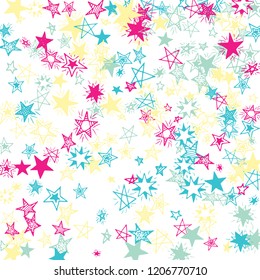 Falling Stars. Hand Drawn Holiday Background with Doodle Stars for Placard, Cover, Banner. Bright Starry Pattern with Simple Childish Elements. Cute Vector Background for Party Decoration.