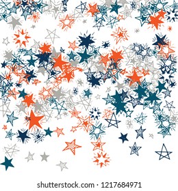 Falling Stars. Hand Drawn Holiday Background with Doodle Stars for Card, Poster, Banner. Bright Starry Pattern with Simple Childish Elements. Funny Vector Background for Party Decoration.