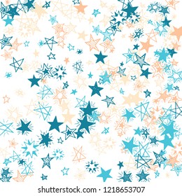 Falling Stars. Hand Drawn Holiday Background with Doodle Stars for Placard, Poster, Banner. Bright Starry Pattern with Simple Childish Elements. Trendy Vector Background for Party Decoration.