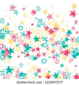 Falling Stars. Hand Drawn Holiday Background with Doodle Stars for Card, Poster, Banner. Bright Starry Pattern with Simple Childish Elements. Modern Vector Background for Party Decoration.
