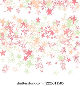 Falling Stars. Hand Drawn Holiday Background with Doodle Stars for Card, Poster, Banner. Bright Starry Pattern with Simple Childish Elements. Funny Vector Background for Party Decoration.