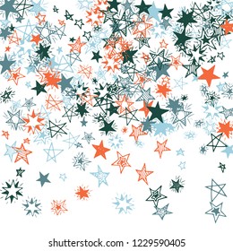 Falling Stars. Hand Drawn Holiday Background with Doodle Stars for Print, Cover, Brochure. Bright Starry Pattern with Simple Childish Elements. Cute Vector Background for Party Decoration.