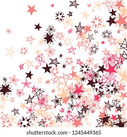 Falling Stars. Hand Drawn Holiday Background with Doodle Stars for Card, Poster, Banner. Bright Starry Pattern with Simple Childish Elements. Trendy Vector Background for Party Decoration.