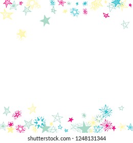 Falling Stars. Hand Drawn Holiday Background with Doodle Stars for Placard, Cover, Banner. Bright Starry Pattern with Simple Childish Elements. Trendy Vector Background for Party Decoration.